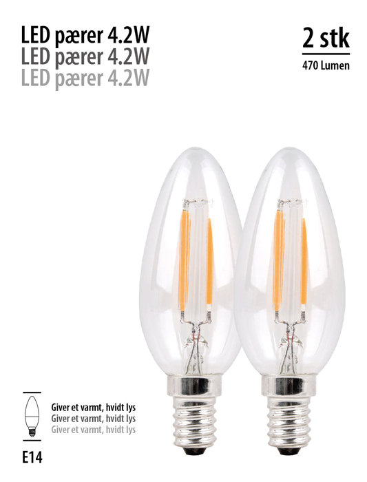 LED-pærer kerte 2,9 W E14 - 2 pk.